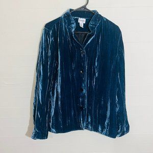 Chico's Mandarin collar teal Blue Velour Button Front jacket/Shirt SZ 2 Silky